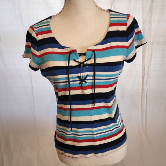 CHAPS Women's Stripped Lace Up Tee - Picture 3 of 11